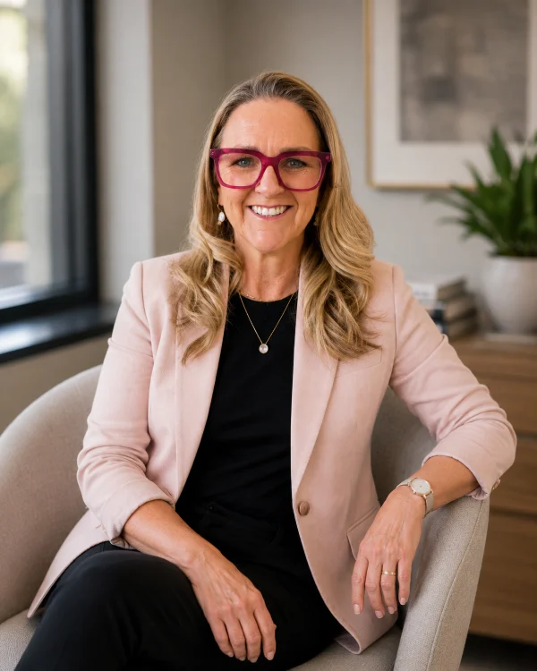 Penelope Hamilton, counsellor and psychotherapist, seated in her practice